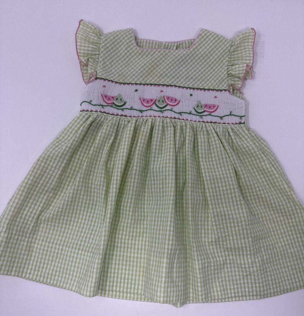 Carriage Boutiques Smocked Gingham Watermelon Dress Green Flutter Sleeve Size 9m